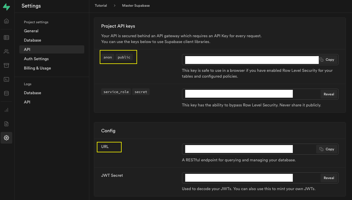 Supabase project api section